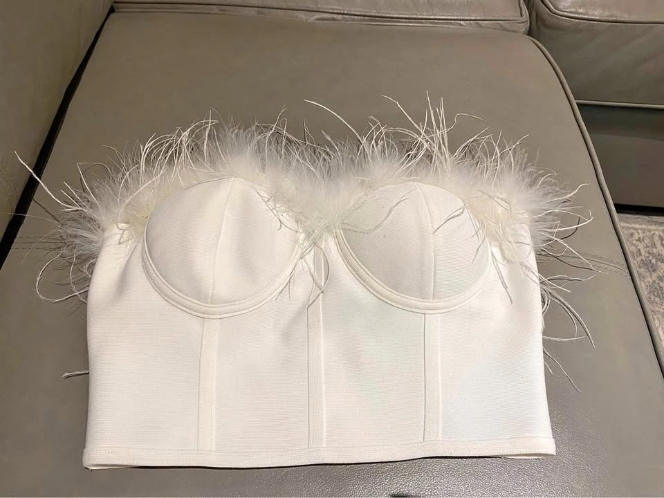 Superdown White Feather Trim Bandeau Corset Crop Top - S