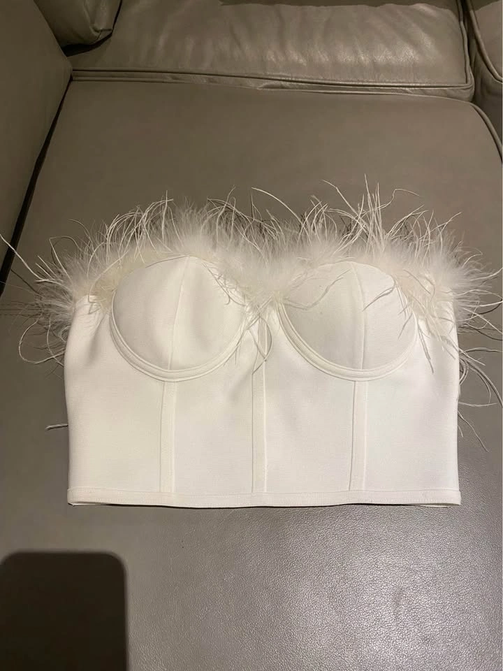 Superdown White Feather Trim Bandeau Corset Crop Top - S - photo 2
