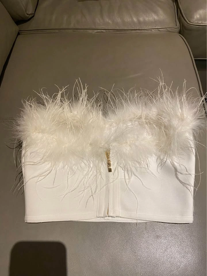 Superdown White Feather Trim Bandeau Corset Crop Top - S - photo 3