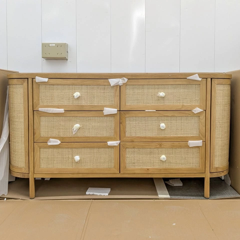 Modern Rattan 6-Drawer Dresser with Side Shelves
