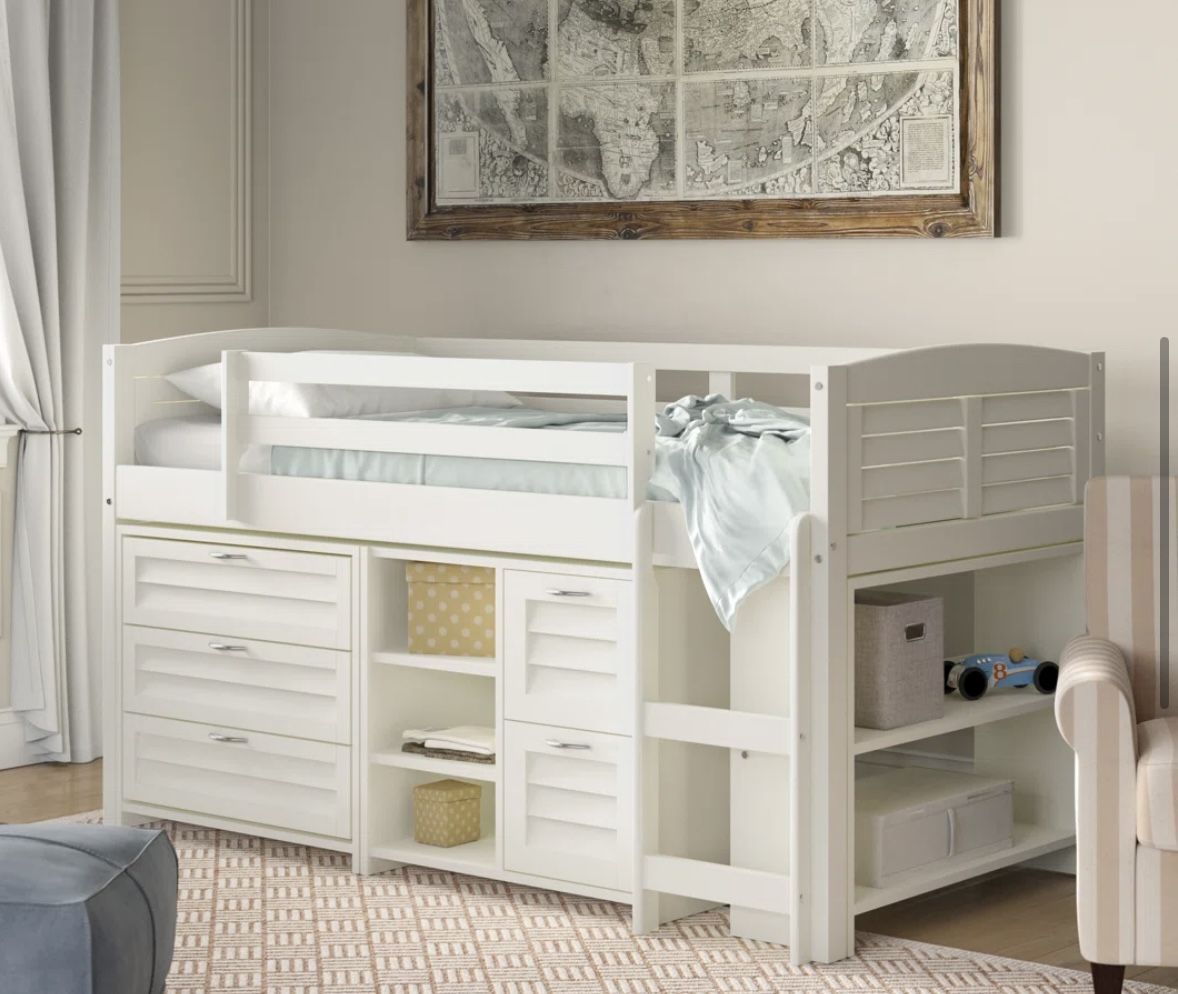 White Loft Bed With Dressers And Bookcase