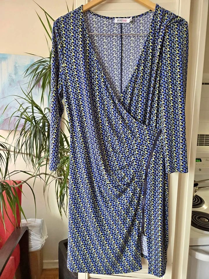JustFab Dress, Blue/Yellow Pattern, Size L