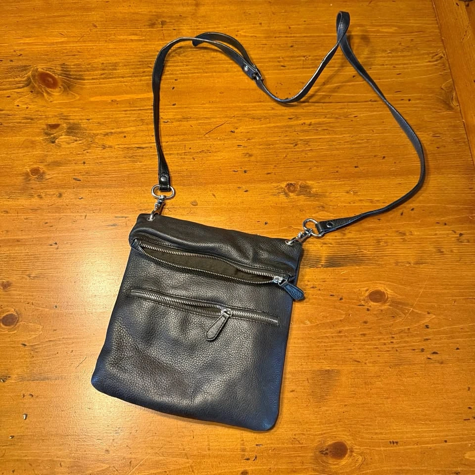 Leather Crossbody Bag with Multiple Zippers - Black
