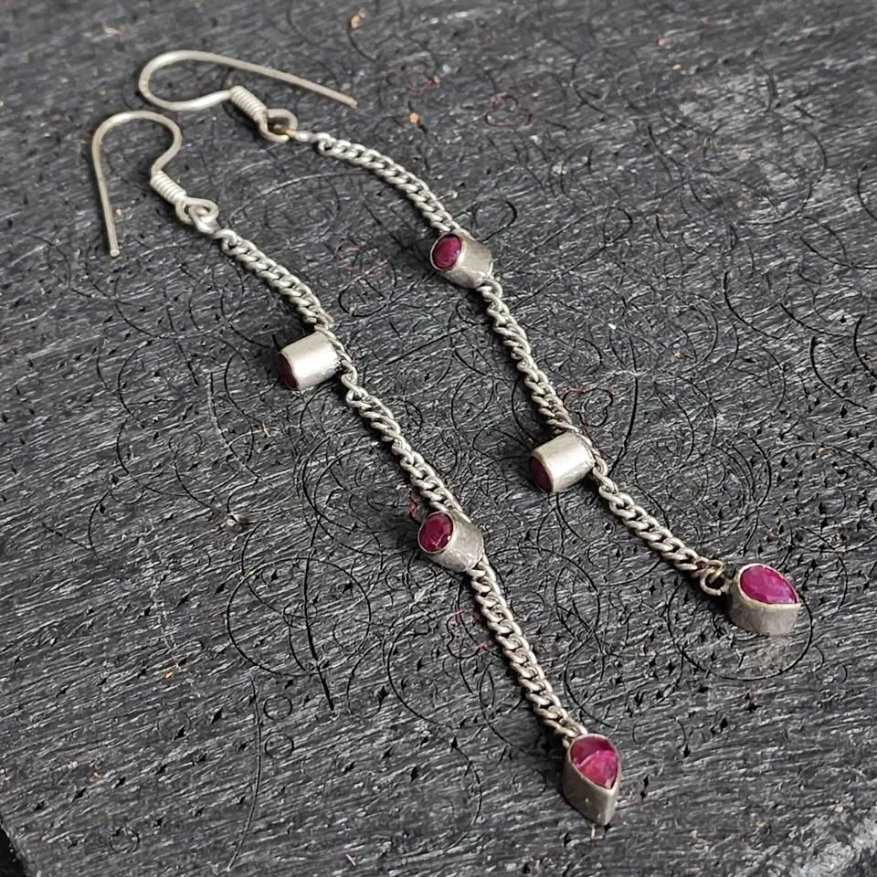 Vintage Antique 925 Sterling Silver Ruby Dangle Earrings
