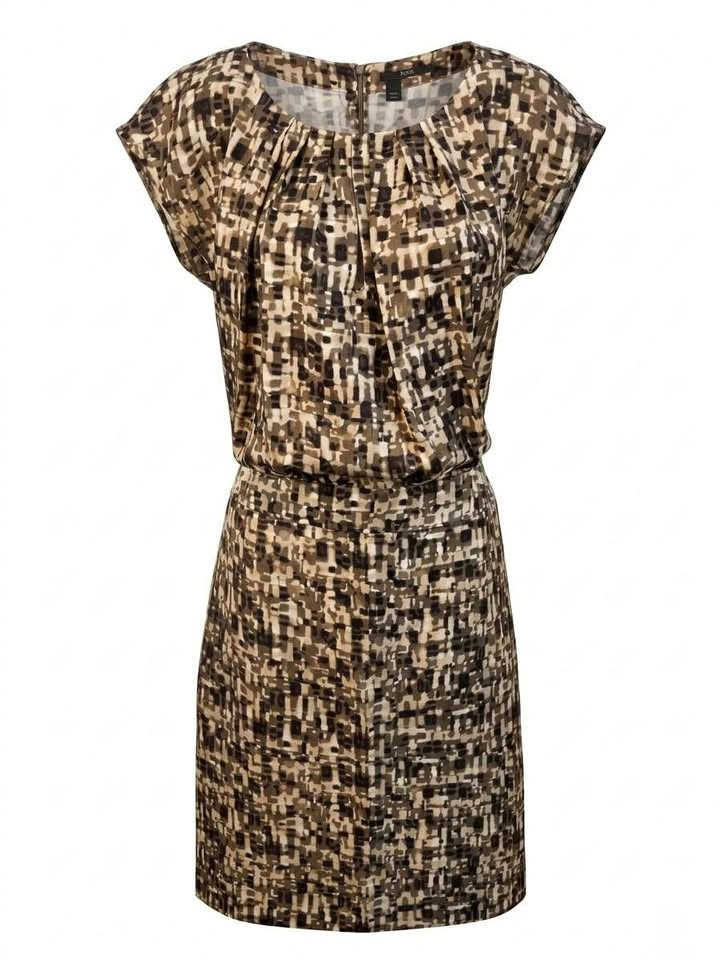 Hugo Boss Dauphine Pleated Neck Abstract Dress | US6 Neutral