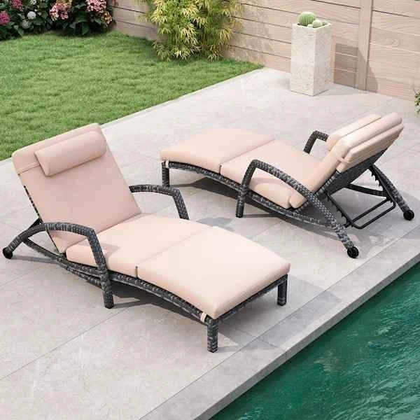 DENISLAWN Gray 2-Piece Wicker Outdoor Chaise Lounge with Khaki C