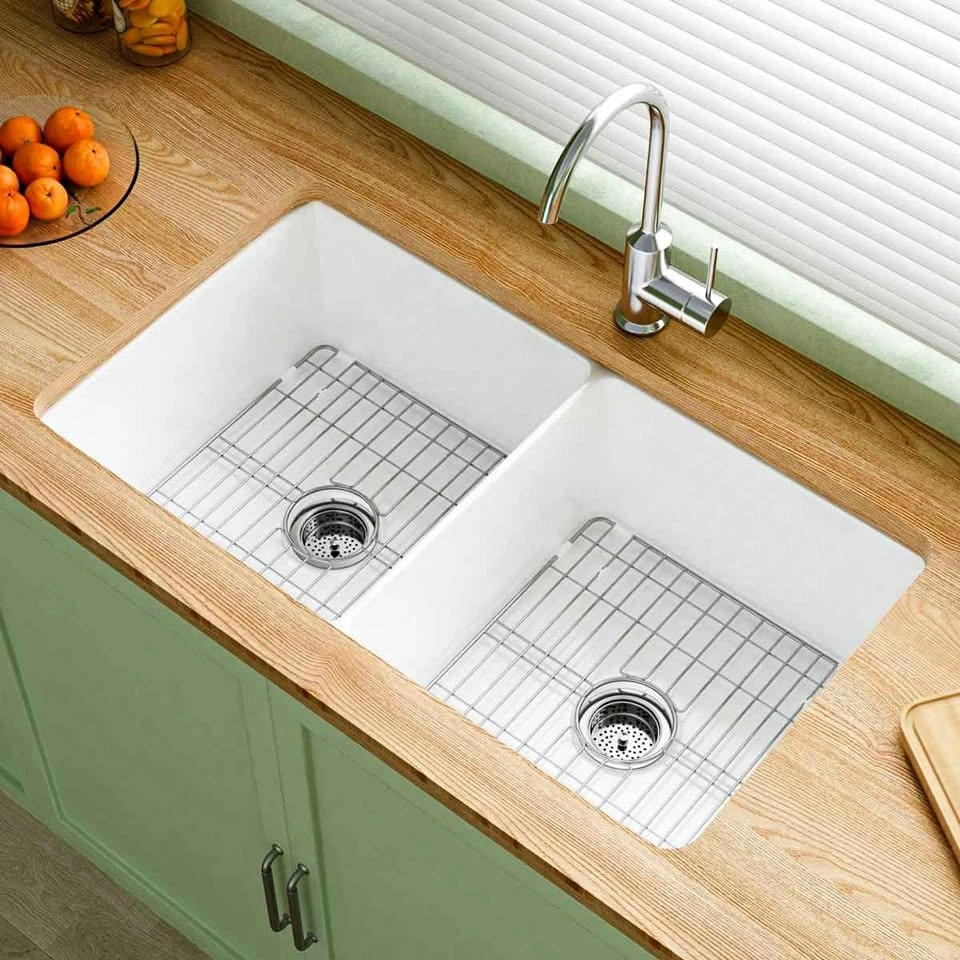 32" x 19" Double Undermount Fireclay Kitchen Sink, White