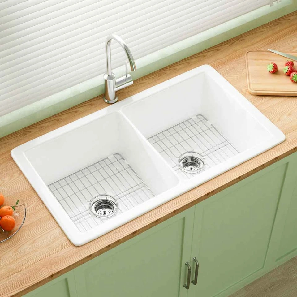 32" x 19" Double Undermount Fireclay Kitchen Sink, White - photo 2
