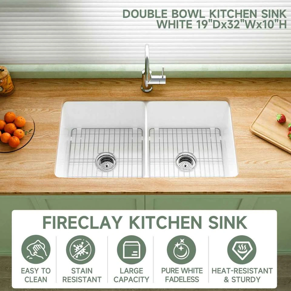 32" x 19" Double Undermount Fireclay Kitchen Sink, White - photo 3