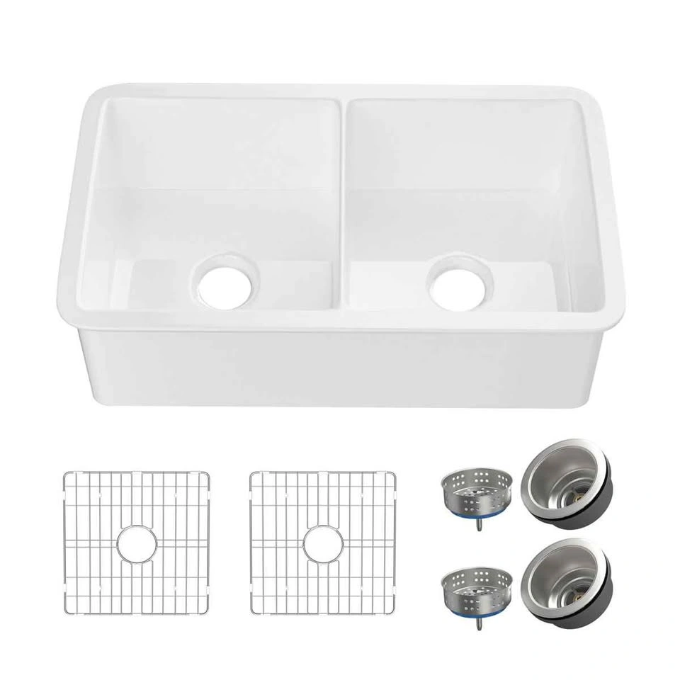 32" x 19" Double Undermount Fireclay Kitchen Sink, White - photo 4
