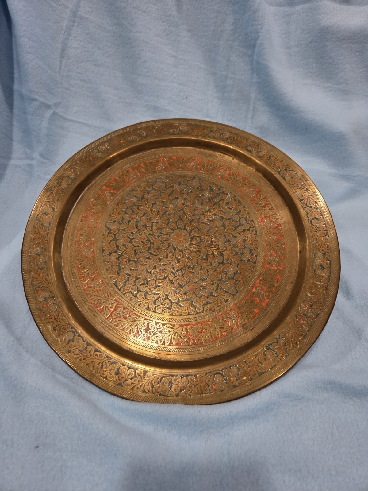 Brass Indian Tray Red And Greenish Inlay Platter