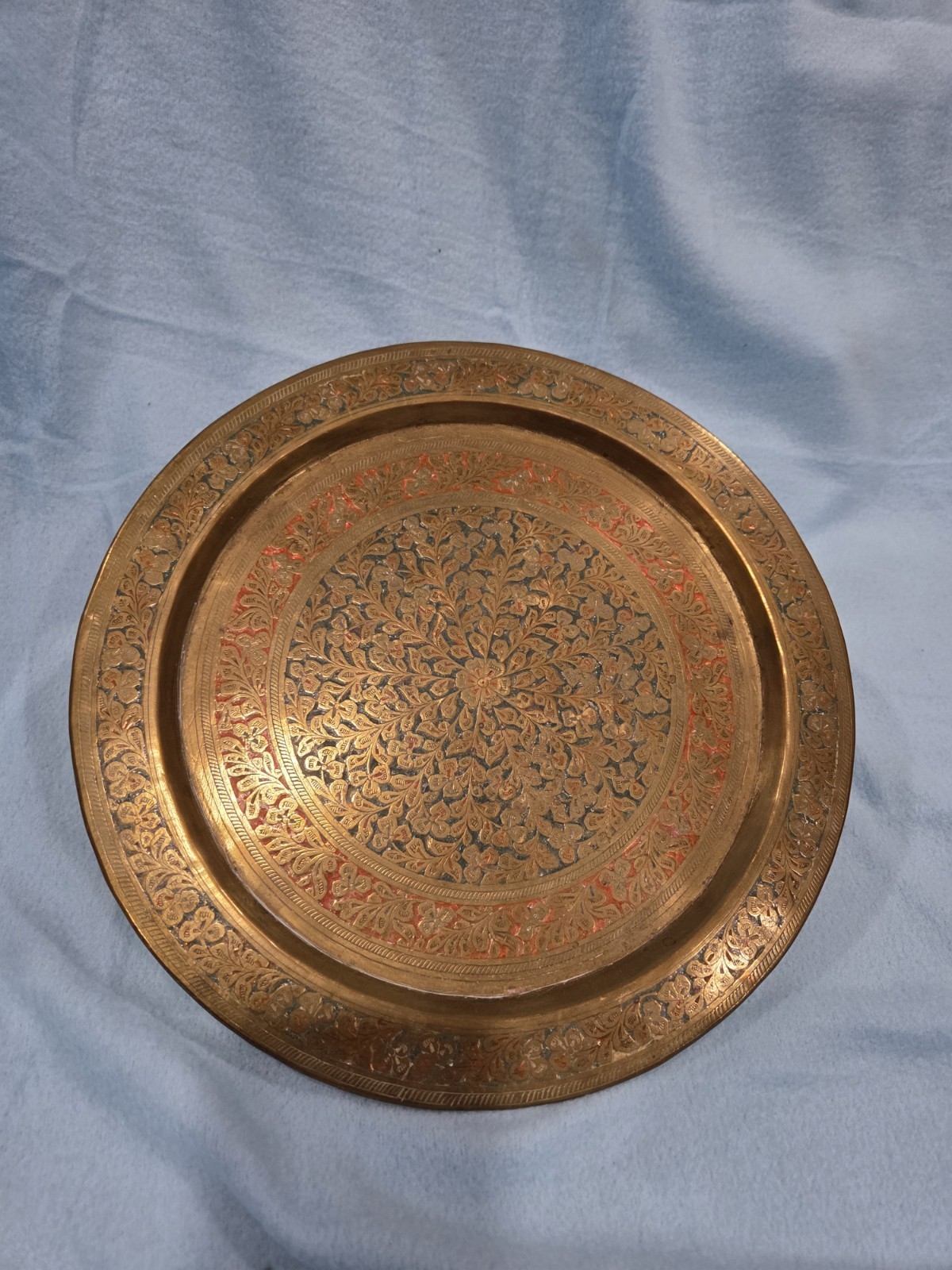 Brass Indian Tray Red And Greenish Inlay Platter - photo 3