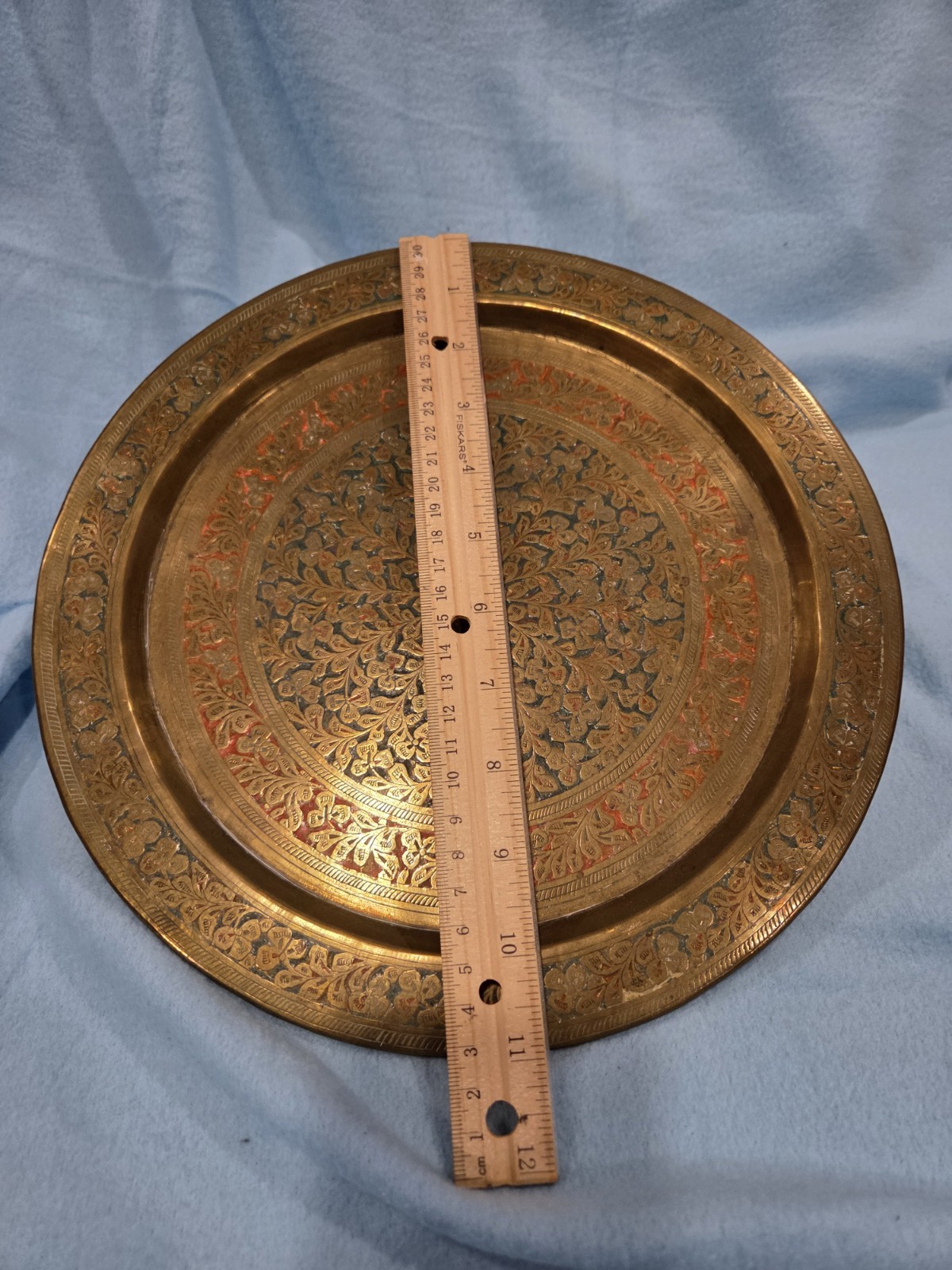 Brass Indian Tray Red And Greenish Inlay Platter - photo 4