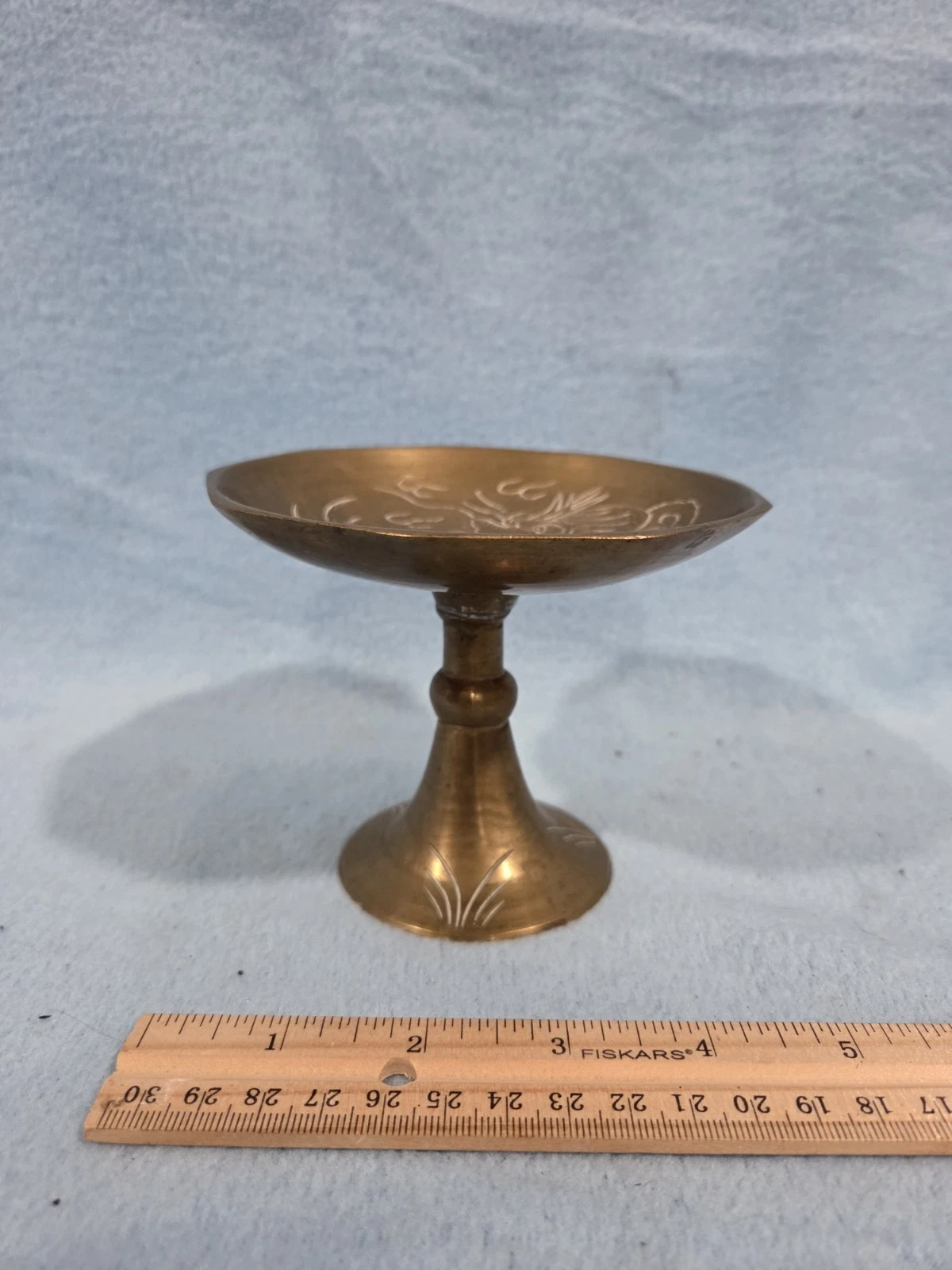 Vintage Chinese Brass Hand Etched Pedestal Trinket Dish