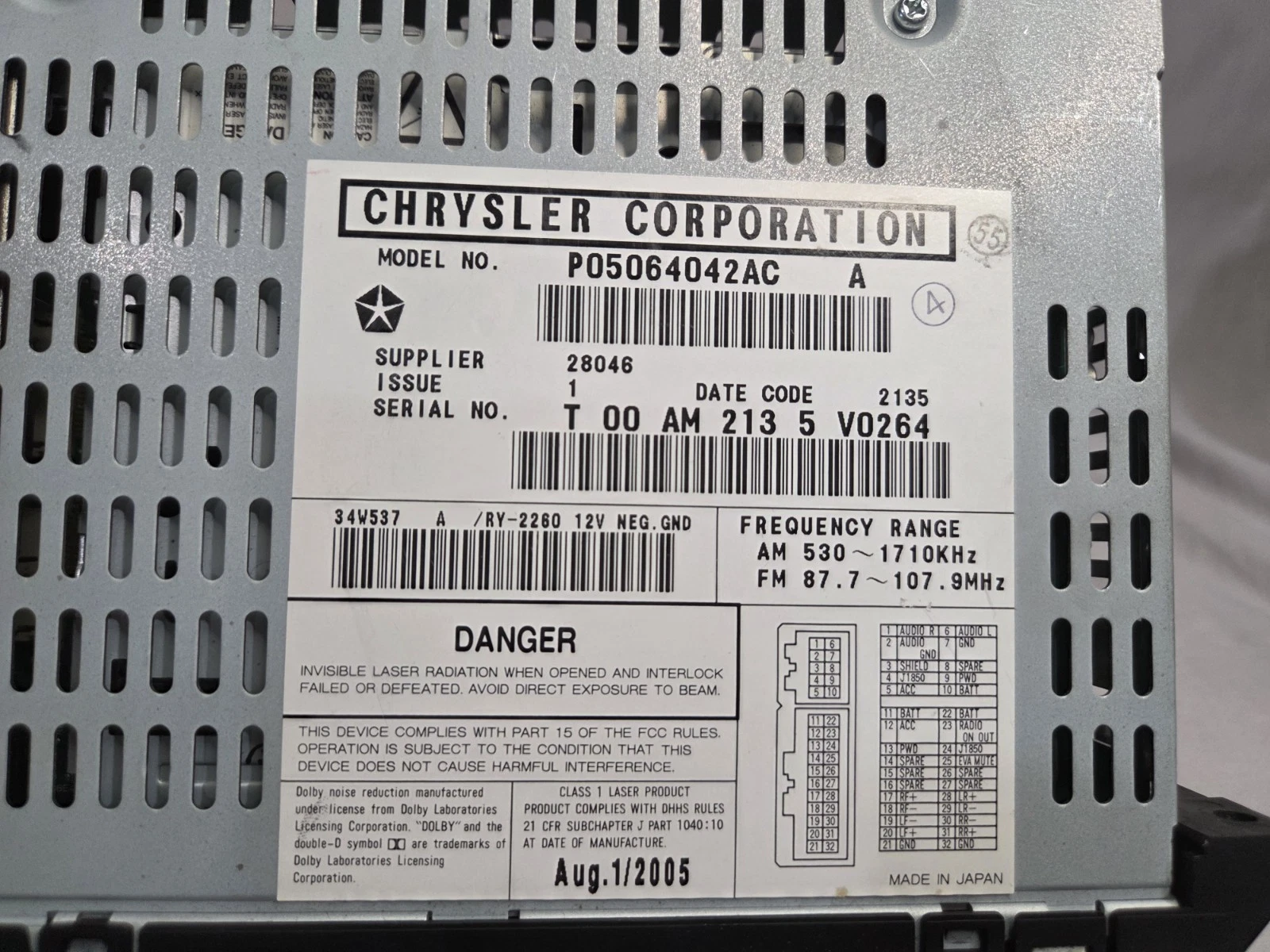 P05064042AC Chrysler OEM Japan Made Radio Untested Core Only