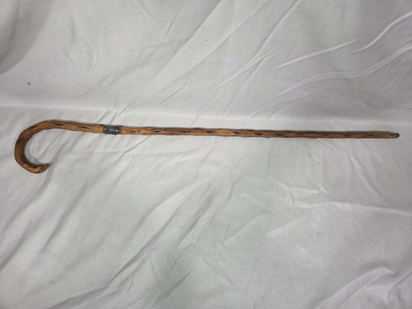 Vintage 33.5" Knobby Wood Style Walking Cane w/ Metal Collar