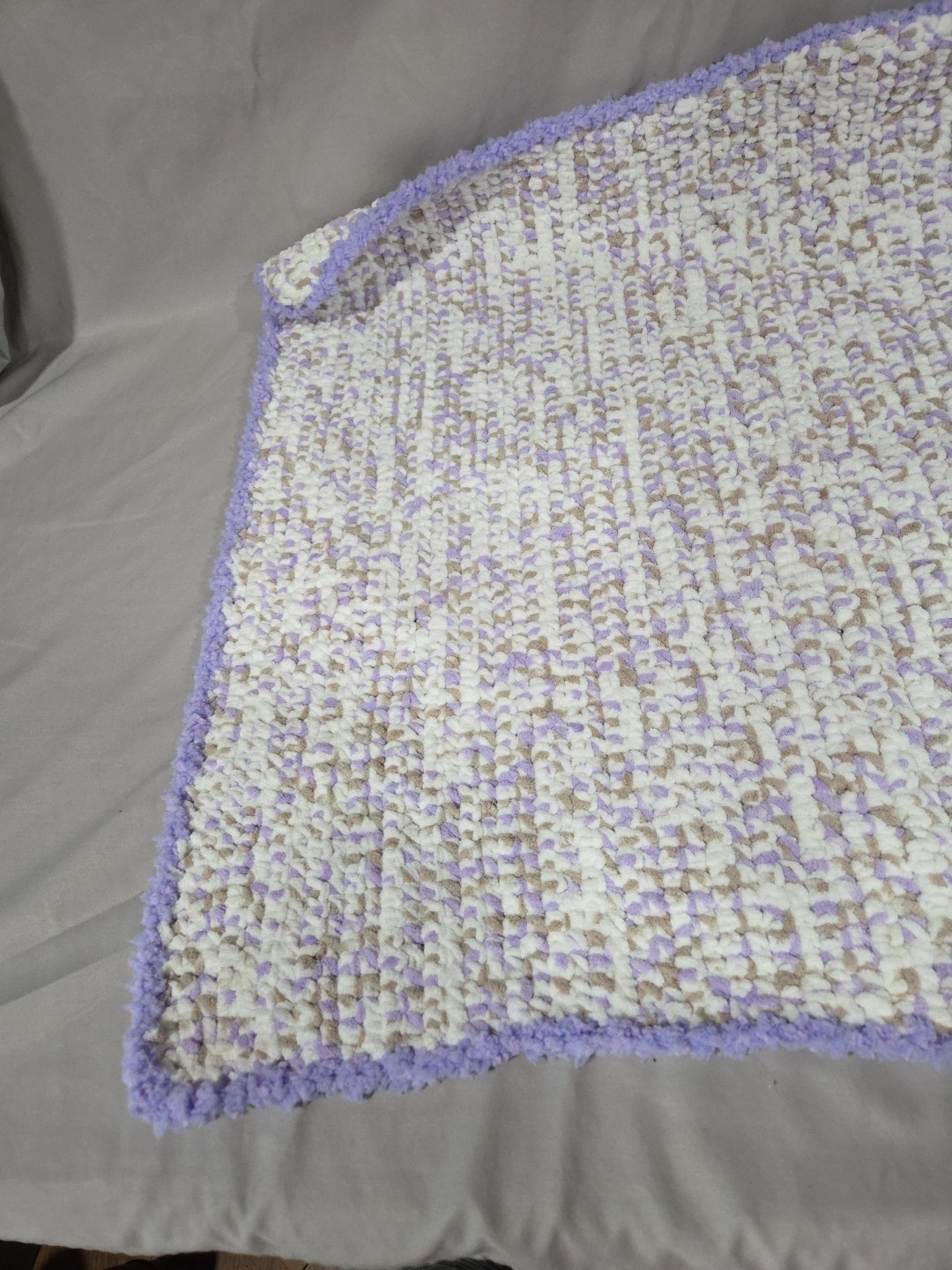 Handmade Purple And White Chunky Knit Baby Blanket - photo 3
