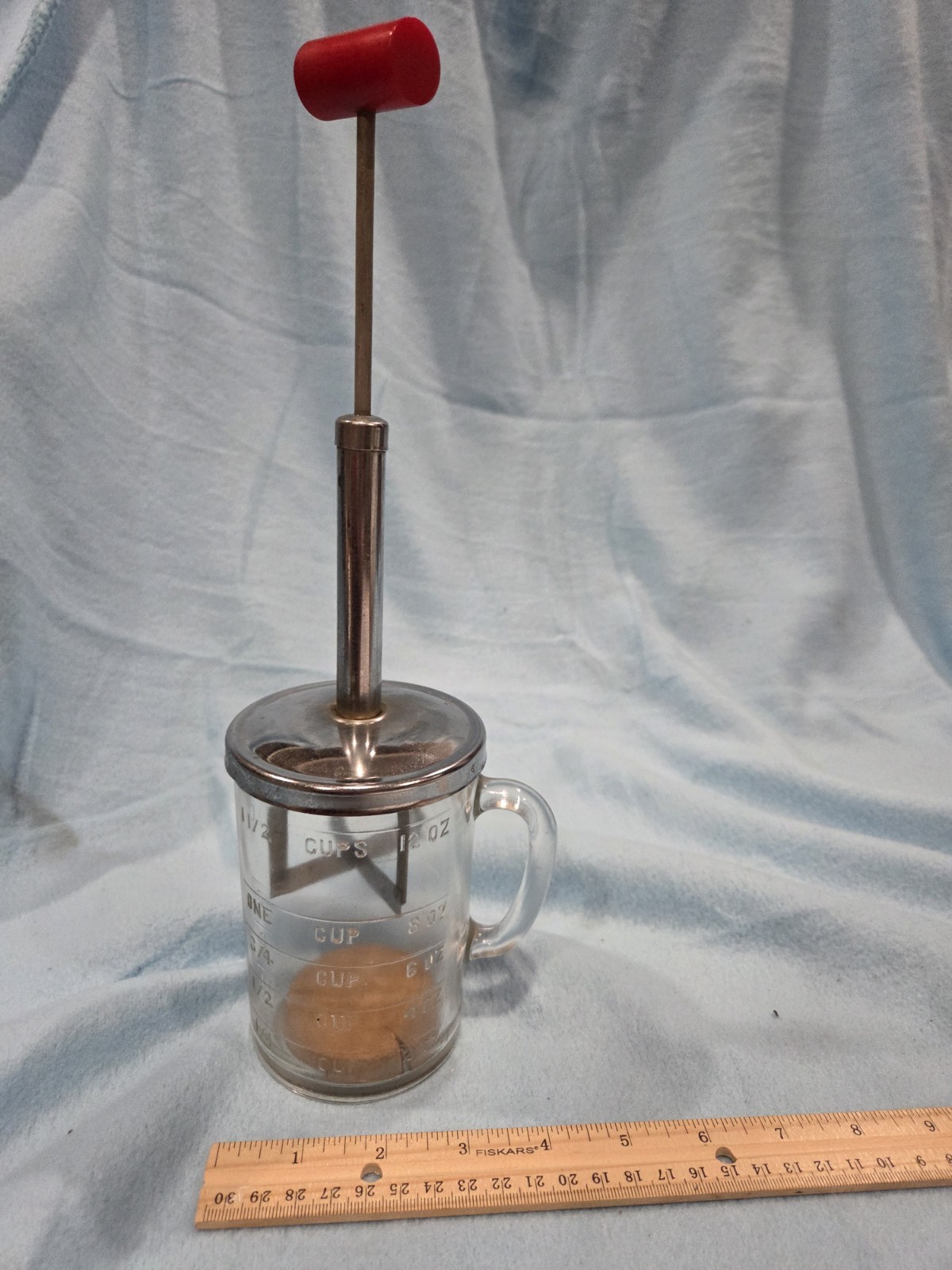 Vintage Pamco Nut Chopper Red Wood Handle Glass Cup Mid Century