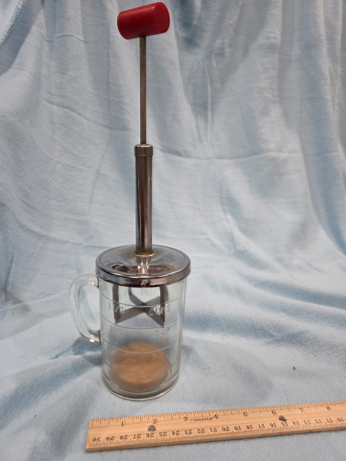Vintage Pamco Nut Chopper Red Wood Handle Glass Cup Mid Century - photo 2