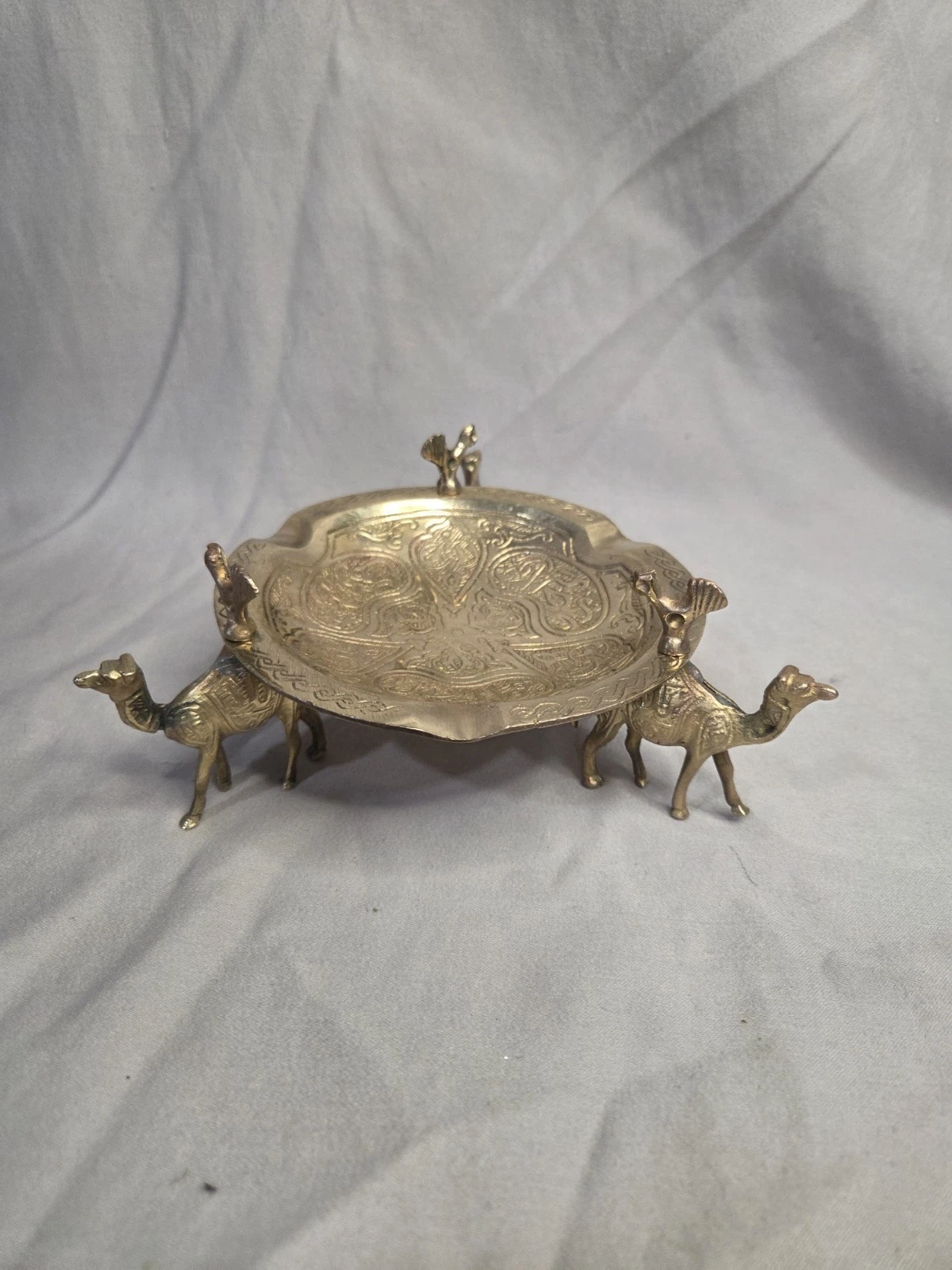 VTG Camel & Bird Ornate Etched Brass Ashtray - Middle East Rare