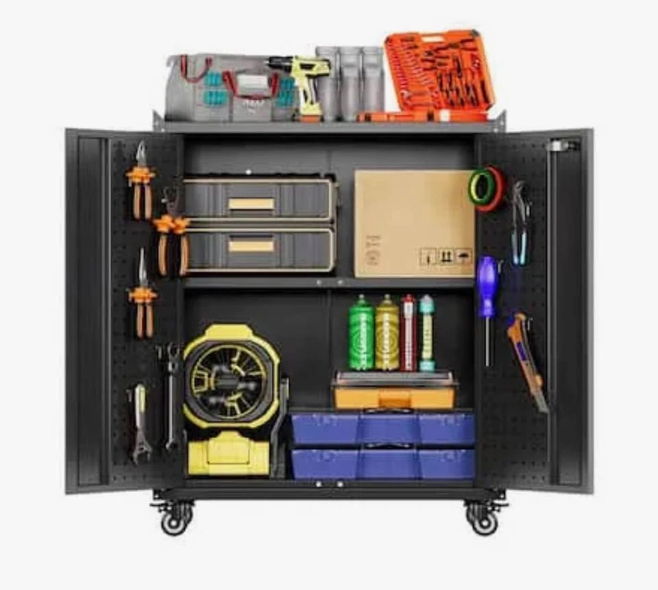 Rolling Metal Storage Cabinet w/ Shelf, Hooks, Pegboard - photo 5