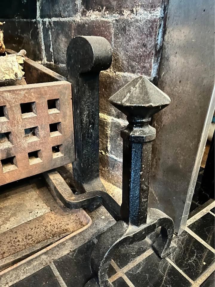 Antique Black Cast Iron Fireplace Box w/ Andirons & Screen - photo 2