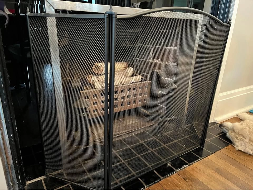 Antique Black Cast Iron Fireplace Box w/ Andirons & Screen - photo 3
