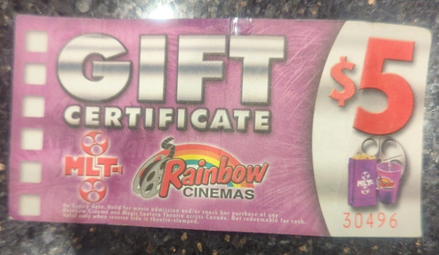 vintage $5 Rainbow Cinemas Gift Certificate memorabilia