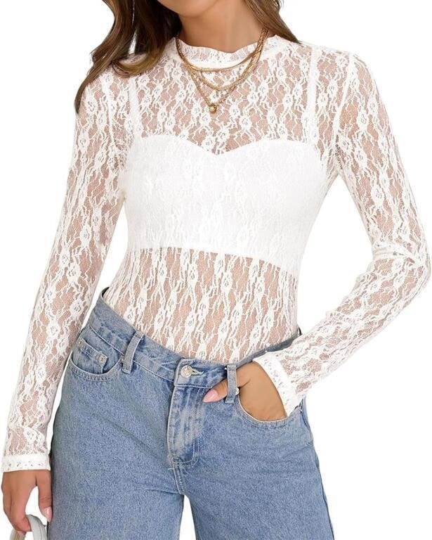 NEW Women's Med White Lace Sheer Tops Long Sleeve Mesh