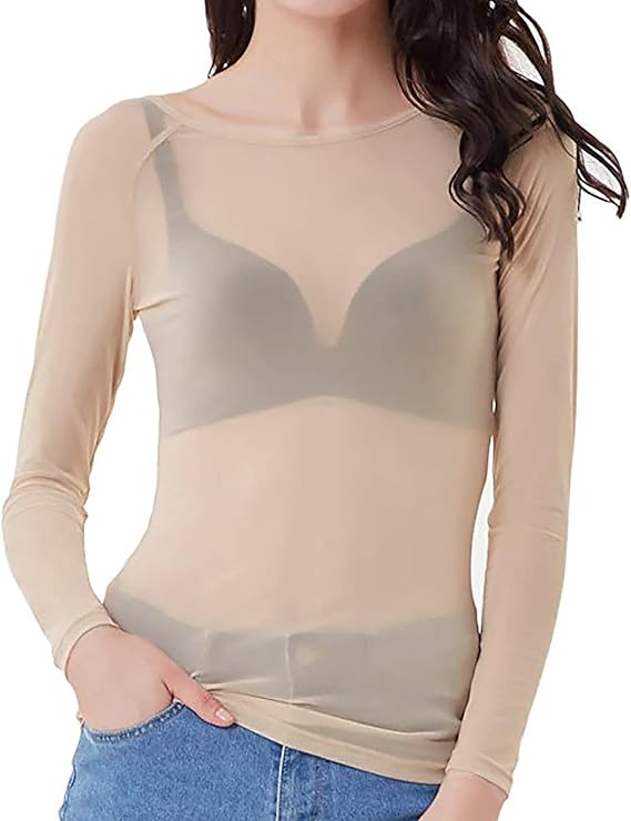 NEW Women's Small Apricot Sheer Tops Long Sleeve Mesh Blouse