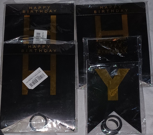 4 NEW Happy Birthday Black & Gold Banners w Ribbons