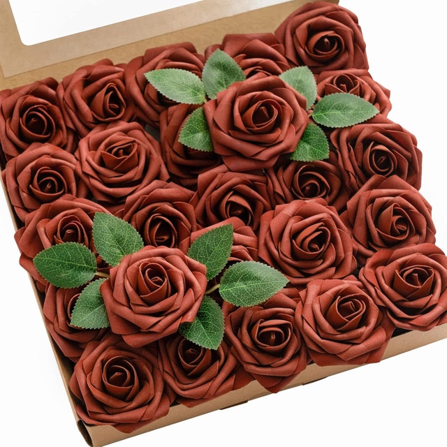 25Pcs Amber Artificial Roses w/Stems - New