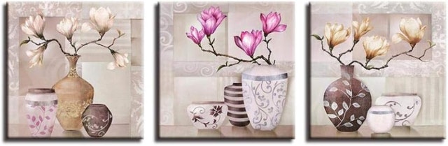 New Wall Art Canvas Pictures - Painted Vase & Magnolia (3 Panels