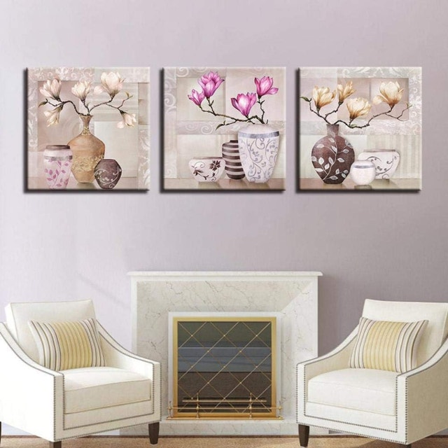 New Wall Art Canvas Pictures - Painted Vase & Magnolia (3 Panels - photo 2