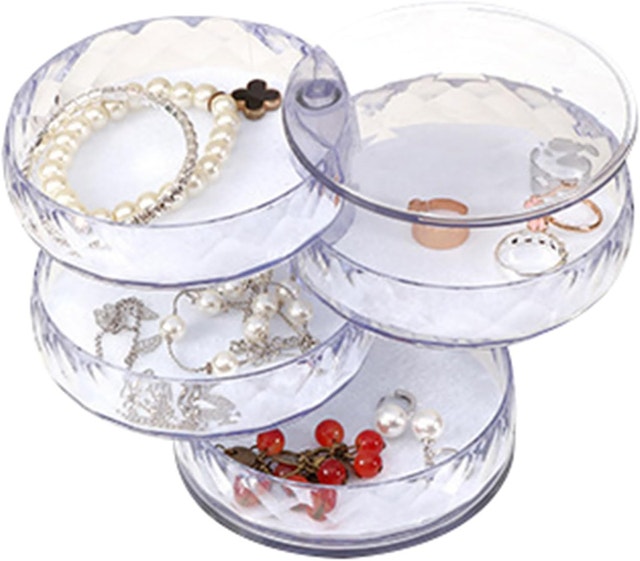 NEW Small Clear Jewelry Box Organizer Rotatable 4-Layer Travel