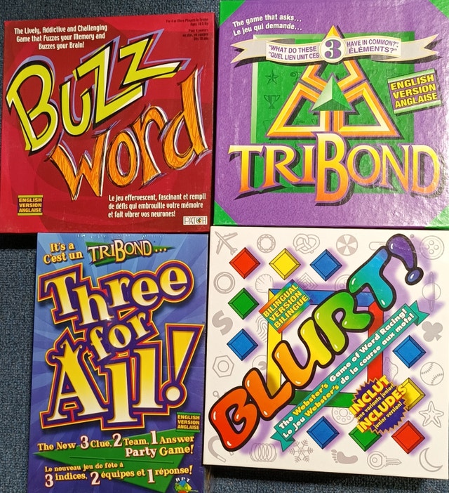 4 Family Board Games - Buzz Word, TriBond, Three for All, Blurt