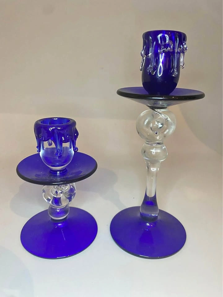 Cobalt "Dripping Wax" Art Glass Candlestick Holders - Set of 2