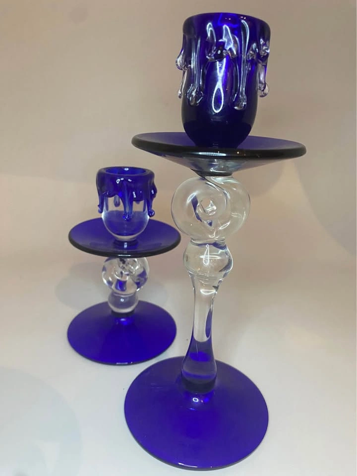 Cobalt "Dripping Wax" Art Glass Candlestick Holders - Set of 2 - photo 2