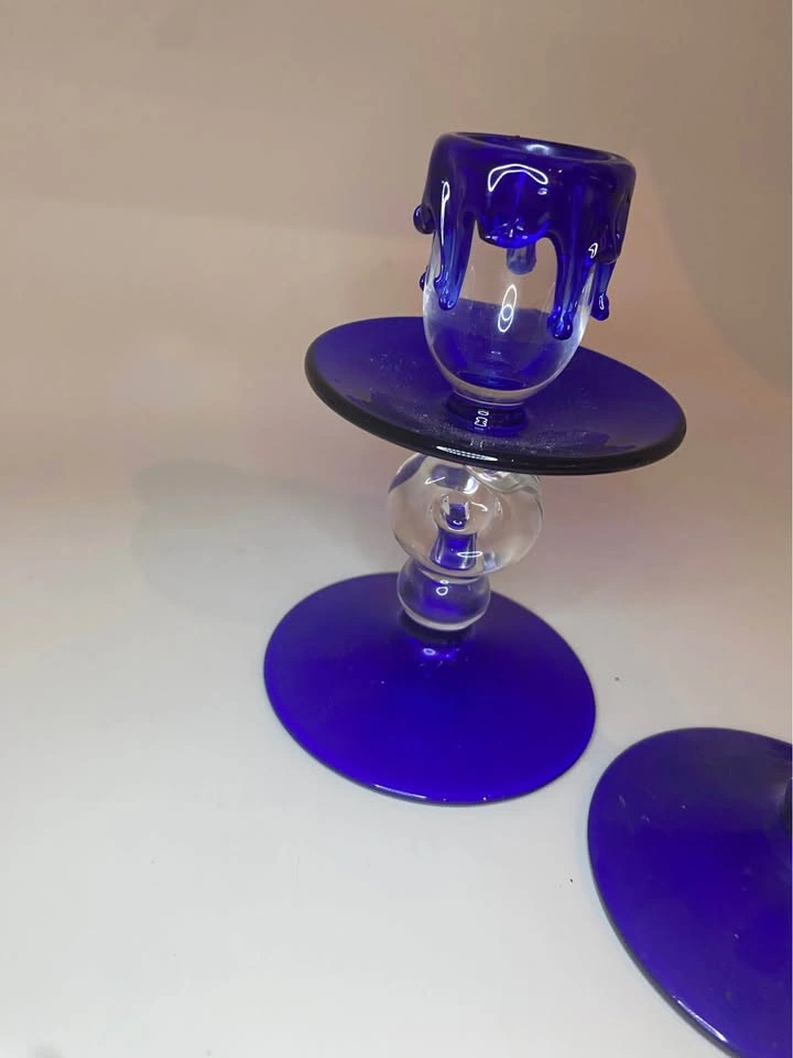 Cobalt "Dripping Wax" Art Glass Candlestick Holders - Set of 2 - photo 3