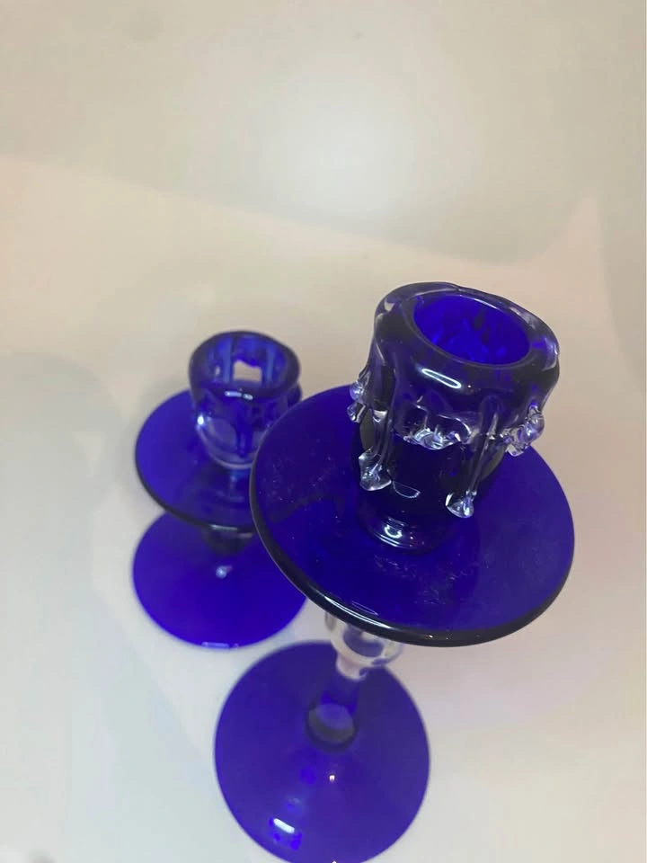 Cobalt "Dripping Wax" Art Glass Candlestick Holders - Set of 2 - photo 5