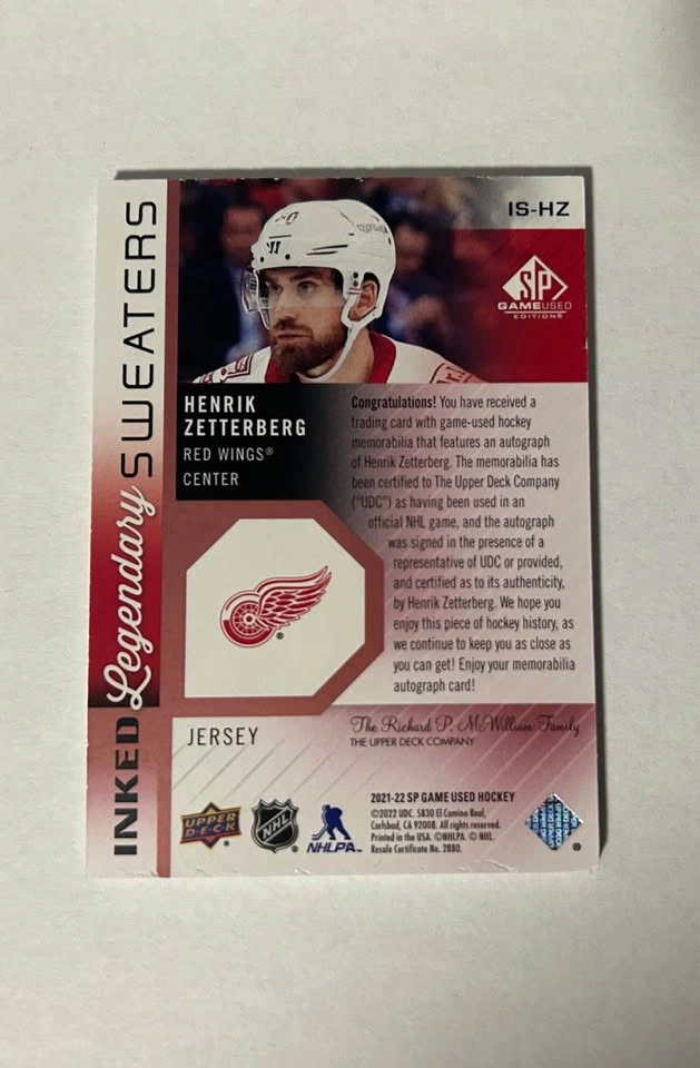 2021-22 SP Game Used Zetterberg Jersey Auto /35 - photo 2