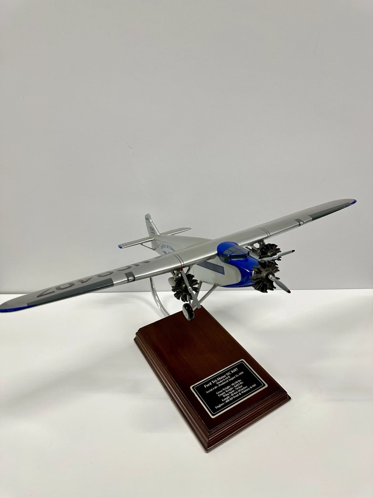 Ford Tri-Motor NC 8407 Airplane Model w/ Wood Base