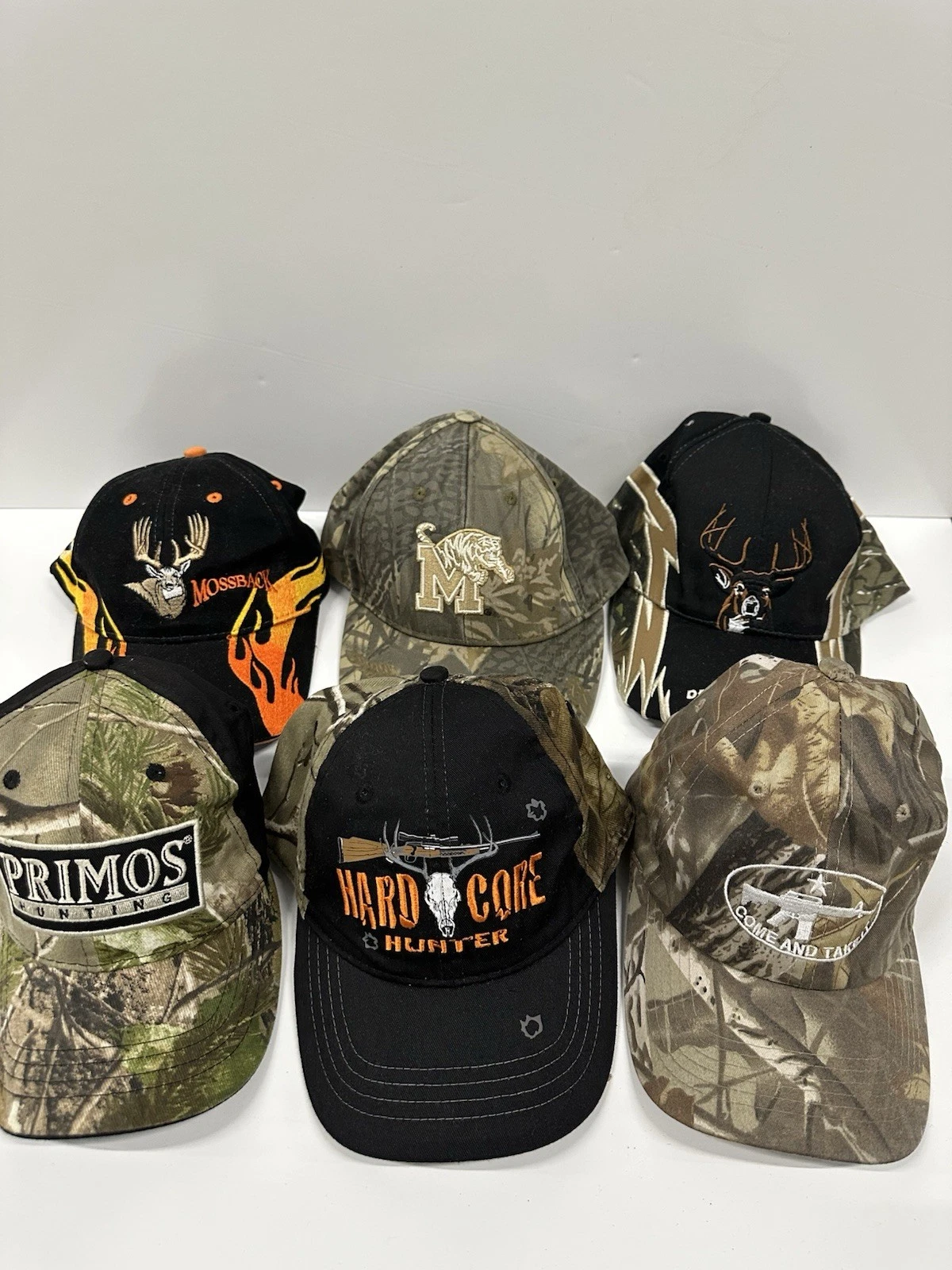 Camo Hunting Hats Lot of 6 Adjustable Caps Deer Mossy Oak Primos