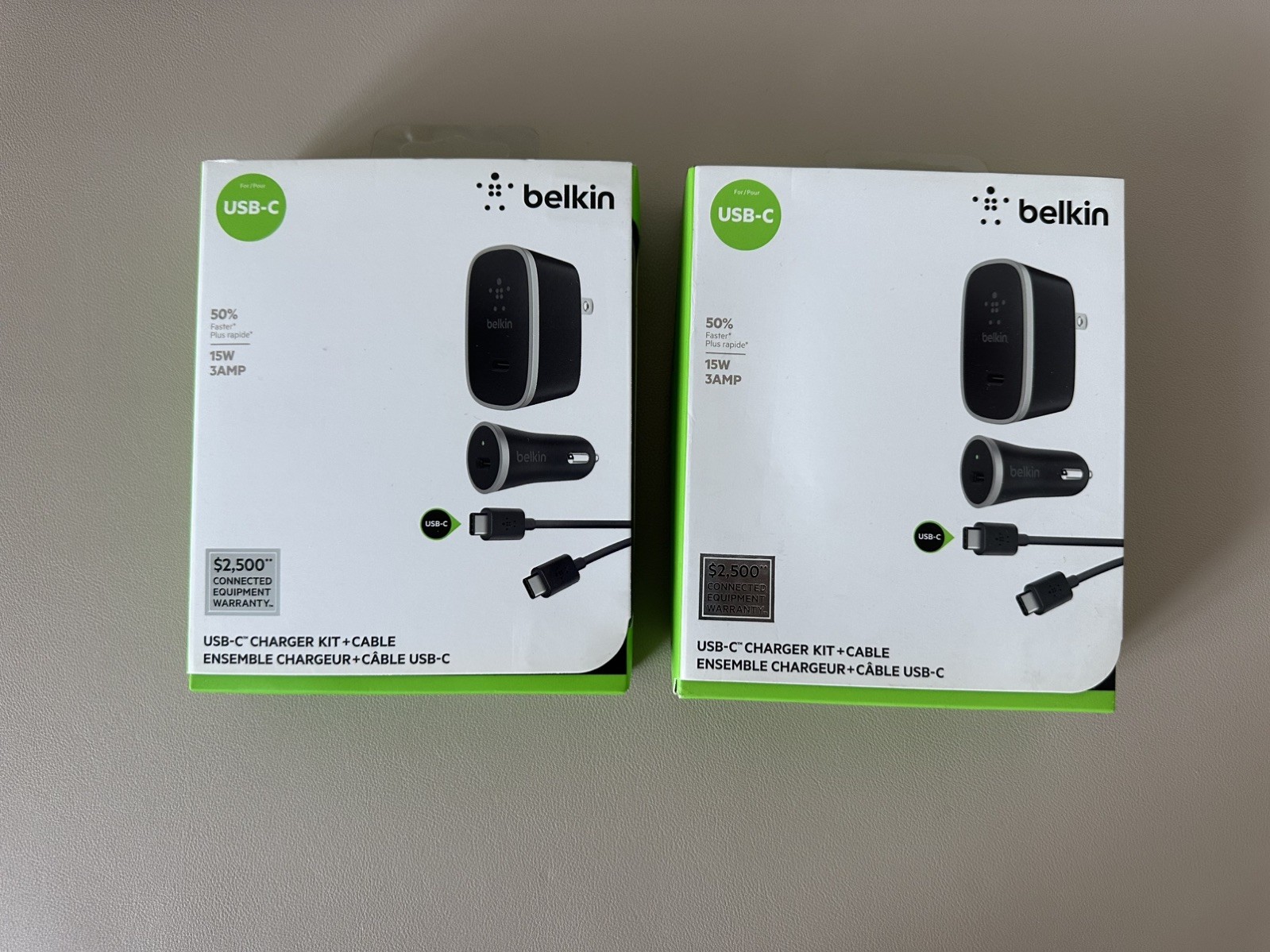 Belkin USB-C Charger Kit 2 Pack Wall & Car Charger + Cable 15W F