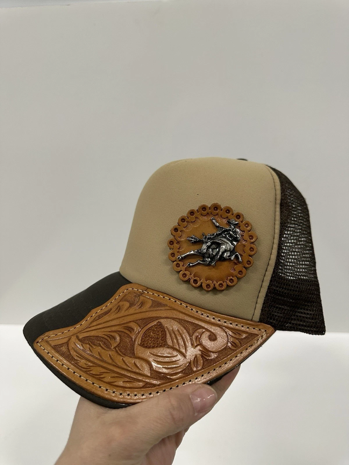 Western Trucker Hat Cowboy Horse Metal Concho Leather Tooled Bri