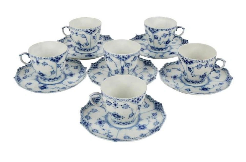 6 Royal Copenhagen Blue Fluted Half Lace Demitasse Cups & Saucer