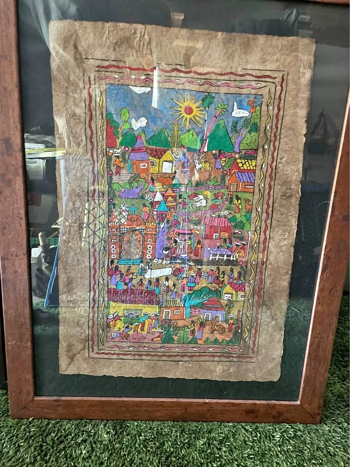 Mexican Folk Art Amate Bark Painting - Original, Framed