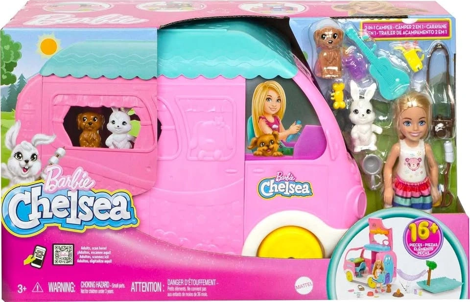 Barbie Camper Chelsea 2-in-1 Playset with Doll, Pets & Accessori