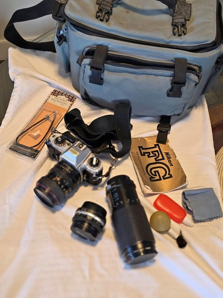 Nikon FG 35mm Film Camera w/ 3 Lenses & Gear