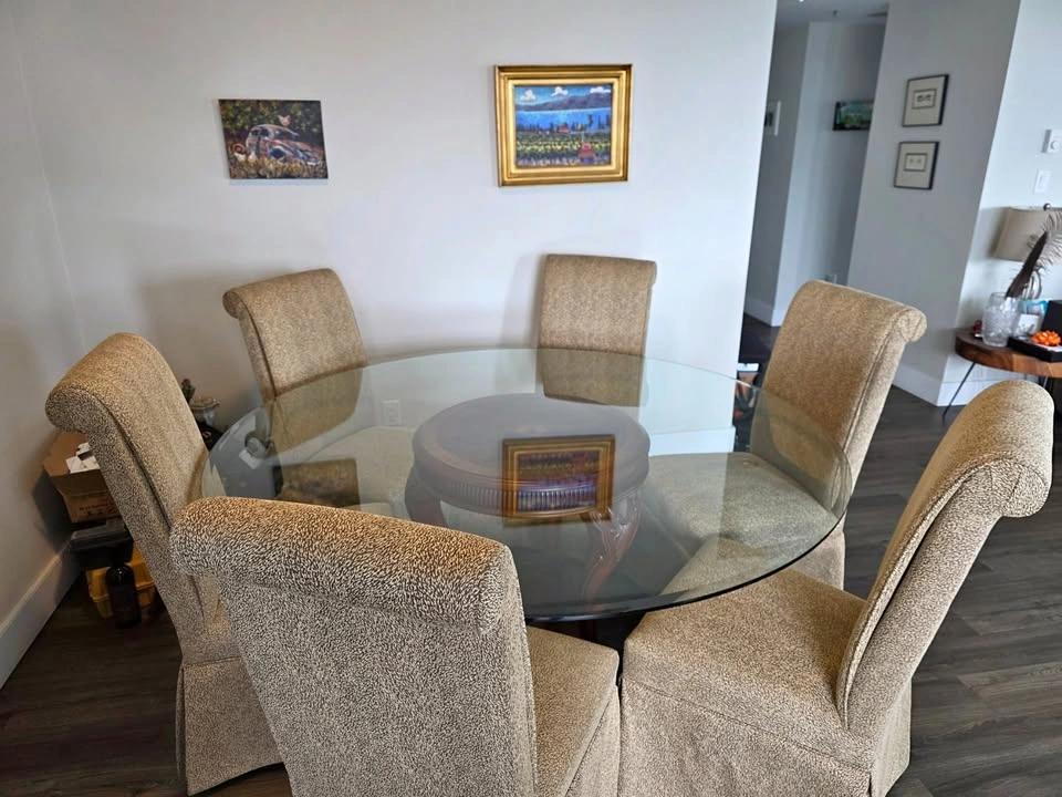 66" Round Glass Dining Table w/ 6 Skirted Chairs